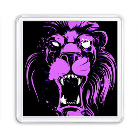 Магнит 55*55 с принтом Pink lion , Пластик | Размер: 65*65 мм; Размер печати: 55*55 мм | Тематика изображения на принте: ears | eyes | fangs | jaw | lion | mane | muzzle | neon | pink | глаза | грива | клыки | лев | неон | пасть | розовый | уши