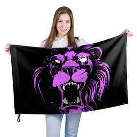 Флаг 3D с принтом Pink lion , 100% полиэстер | плотность ткани — 95 г/м2, размер — 67 х 109 см. Принт наносится с одной стороны | ears | eyes | fangs | jaw | lion | mane | muzzle | neon | pink | глаза | грива | клыки | лев | неон | пасть | розовый | уши