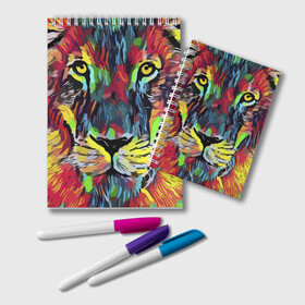 Блокнот с принтом Rainbow lion , 100% бумага | 48 листов, плотность листов — 60 г/м2, плотность картонной обложки — 250 г/м2. Листы скреплены удобной пружинной спиралью. Цвет линий — светло-серый
 | Тематика изображения на принте: color | ears | eyes | jaw | lion | mane | muzzle | nose | paint | view | взгляд | глаза | грива | краска | лев | нос | пасть | цвет
