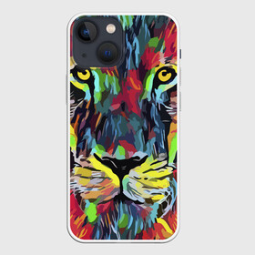 Чехол для iPhone 13 mini с принтом Rainbow lion ,  |  | color | ears | eyes | jaw | lion | mane | muzzle | nose | paint | view | взгляд | глаза | грива | краска | лев | нос | пасть | цвет