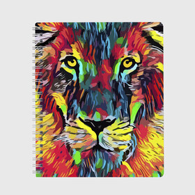 Тетрадь с принтом Rainbow lion , 100% бумага | 48 листов, плотность листов — 60 г/м2, плотность картонной обложки — 250 г/м2. Листы скреплены сбоку удобной пружинной спиралью. Уголки страниц и обложки скругленные. Цвет линий — светло-серый
 | Тематика изображения на принте: color | ears | eyes | jaw | lion | mane | muzzle | nose | paint | view | взгляд | глаза | грива | краска | лев | нос | пасть | цвет