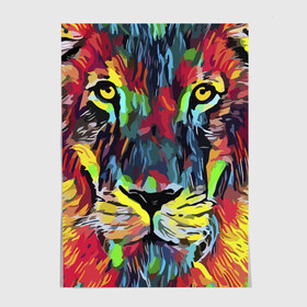 Постер с принтом Rainbow lion , 100% бумага
 | бумага, плотность 150 мг. Матовая, но за счет высокого коэффициента гладкости имеет небольшой блеск и дает на свету блики, но в отличии от глянцевой бумаги не покрыта лаком | color | ears | eyes | jaw | lion | mane | muzzle | nose | paint | view | взгляд | глаза | грива | краска | лев | нос | пасть | цвет