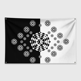 Флаг-баннер с принтом Черное солнце , 100% полиэстер | размер 67 х 109 см, плотность ткани — 95 г/м2; по краям флага есть четыре люверса для крепления | Тематика изображения на принте: геометрия | монохром | роза | ромбы | снежинки | треугольники | цветок | черно белое