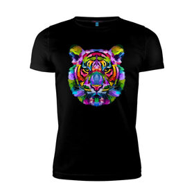 Мужская футболка хлопок Slim с принтом Color tiger , 92% хлопок, 8% лайкра | приталенный силуэт, круглый вырез ворота, длина до линии бедра, короткий рукав | color | ears | eyes | muzzle | neon | tiger | vanguard | view | авангард | взгляд | глаза | неон | тигр | уши | цвет
