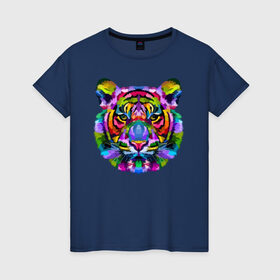 Женская футболка хлопок с принтом Color tiger , 100% хлопок | прямой крой, круглый вырез горловины, длина до линии бедер, слегка спущенное плечо | color | ears | eyes | muzzle | neon | tiger | vanguard | view | авангард | взгляд | глаза | неон | тигр | уши | цвет