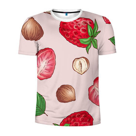Мужская футболка 3D спортивная с принтом Клубника и орехи , 100% полиэстер с улучшенными характеристиками | приталенный силуэт, круглая горловина, широкие плечи, сужается к линии бедра | Тематика изображения на принте: еда | зелень | клубника | листва | орех | орехи | фундук | ягода