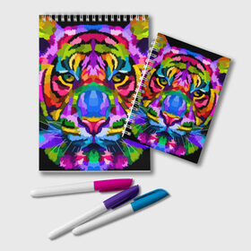 Блокнот с принтом Neon tiger , 100% бумага | 48 листов, плотность листов — 60 г/м2, плотность картонной обложки — 250 г/м2. Листы скреплены удобной пружинной спиралью. Цвет линий — светло-серый
 | color | ears | eyes | muzzle | neon | tiger | vanguard | view | авангард | взгляд | глаза | неон | тигр | уши | цвет