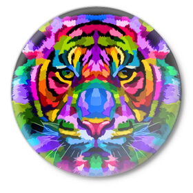 Значок с принтом Neon tiger ,  металл | круглая форма, металлическая застежка в виде булавки | Тематика изображения на принте: color | ears | eyes | muzzle | neon | tiger | vanguard | view | авангард | взгляд | глаза | неон | тигр | уши | цвет