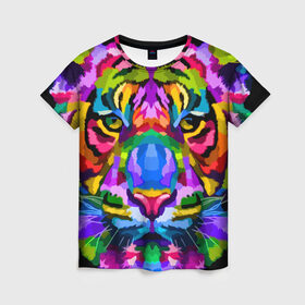 Женская футболка 3D с принтом Neon tiger , 100% полиэфир ( синтетическое хлопкоподобное полотно) | прямой крой, круглый вырез горловины, длина до линии бедер | color | ears | eyes | muzzle | neon | tiger | vanguard | view | авангард | взгляд | глаза | неон | тигр | уши | цвет