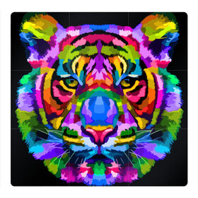 Магнитный плакат 3Х3 с принтом Neon tiger , Полимерный материал с магнитным слоем | 9 деталей размером 9*9 см | color | ears | eyes | muzzle | neon | tiger | vanguard | view | авангард | взгляд | глаза | неон | тигр | уши | цвет