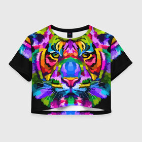 Женская футболка Crop-top 3D с принтом Neon tiger , 100% полиэстер | круглая горловина, длина футболки до линии талии, рукава с отворотами | color | ears | eyes | muzzle | neon | tiger | vanguard | view | авангард | взгляд | глаза | неон | тигр | уши | цвет