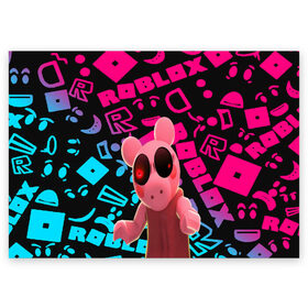 Поздравительная открытка с принтом Roblox piggy/Свинка Пигги , 100% бумага | плотность бумаги 280 г/м2, матовая, на обратной стороне линовка и место для марки
 | game | piggy | roblox | блок | игра | игрушка | лего | майнкрафт | персонажи | персонажи из кубиков | пигги | роблокс | робот | свинка