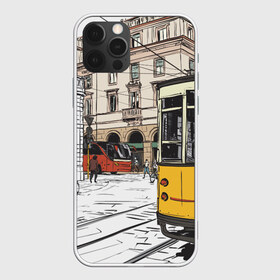 Чехол для iPhone 12 Pro Max с принтом Белый и желтый поезд , Силикон |  | Тематика изображения на принте: белый и желтый поезд | город | дорога | трамвай | транспорт | улица