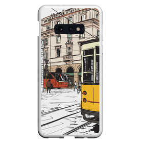 Чехол для Samsung S10E с принтом Белый и желтый поезд , Силикон | Область печати: задняя сторона чехла, без боковых панелей | белый и желтый поезд | город | дорога | трамвай | транспорт | улица