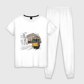 Женская пижама хлопок с принтом Белый и желтый поезд , 100% хлопок | брюки и футболка прямого кроя, без карманов, на брюках мягкая резинка на поясе и по низу штанин | белый и желтый поезд | город | дорога | трамвай | транспорт | улица