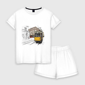 Женская пижама с шортиками хлопок с принтом Белый и желтый поезд , 100% хлопок | футболка прямого кроя, шорты свободные с широкой мягкой резинкой | белый и желтый поезд | город | дорога | трамвай | транспорт | улица
