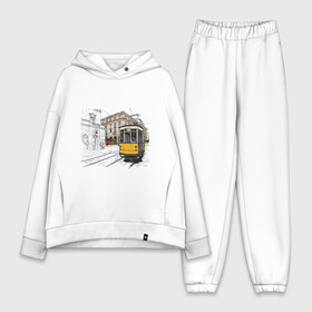 Женский костюм хлопок Oversize с принтом Белый и желтый поезд ,  |  | белый и желтый поезд | город | дорога | трамвай | транспорт | улица
