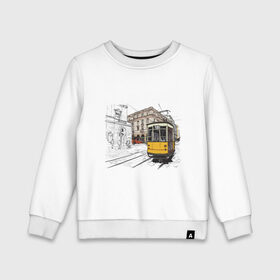 Детский свитшот хлопок с принтом Белый и желтый поезд , 100% хлопок | круглый вырез горловины, эластичные манжеты, пояс и воротник | белый и желтый поезд | город | дорога | трамвай | транспорт | улица