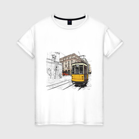 Женская футболка хлопок с принтом Белый и желтый поезд , 100% хлопок | прямой крой, круглый вырез горловины, длина до линии бедер, слегка спущенное плечо | белый и желтый поезд | город | дорога | трамвай | транспорт | улица