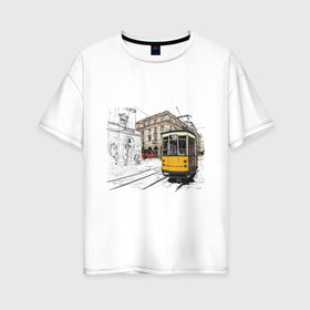 Женская футболка хлопок Oversize с принтом Белый и желтый поезд , 100% хлопок | свободный крой, круглый ворот, спущенный рукав, длина до линии бедер
 | белый и желтый поезд | город | дорога | трамвай | транспорт | улица