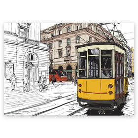 Поздравительная открытка с принтом Белый и желтый поезд , 100% бумага | плотность бумаги 280 г/м2, матовая, на обратной стороне линовка и место для марки
 | белый и желтый поезд | город | дорога | трамвай | транспорт | улица
