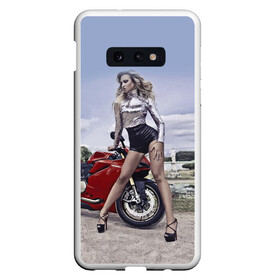 Чехол для Samsung S10E с принтом Biker Olga , Силикон | Область печати: задняя сторона чехла, без боковых панелей | celebrity | clouds | fashion | girl | model | motorcycle | nature | pose | sky | star | девушка | звезда | знаменитость | мода | модель | мотоцикл | небо | облака | природа