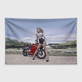 Флаг-баннер с принтом Biker Olga , 100% полиэстер | размер 67 х 109 см, плотность ткани — 95 г/м2; по краям флага есть четыре люверса для крепления | celebrity | clouds | fashion | girl | model | motorcycle | nature | pose | sky | star | девушка | звезда | знаменитость | мода | модель | мотоцикл | небо | облака | природа