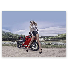 Поздравительная открытка с принтом Biker Olga , 100% бумага | плотность бумаги 280 г/м2, матовая, на обратной стороне линовка и место для марки
 | Тематика изображения на принте: celebrity | clouds | fashion | girl | model | motorcycle | nature | pose | sky | star | девушка | звезда | знаменитость | мода | модель | мотоцикл | небо | облака | природа