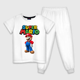 Детская пижама хлопок с принтом Super Mario , 100% хлопок |  брюки и футболка прямого кроя, без карманов, на брюках мягкая резинка на поясе и по низу штанин
 | game | mario kart live home circuit | super mario | super mario 3d world | super mario 64 | super mario galaxy | super mario sunshine | гумба | игра super mario | игра марио | йоши | купалинги | лакиту | луиджи | марио | надпись | нинтендо | 