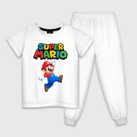 Детская пижама хлопок с принтом Super Mario , 100% хлопок |  брюки и футболка прямого кроя, без карманов, на брюках мягкая резинка на поясе и по низу штанин
 | game | mario kart live home circuit | super mario | super mario 3d world | super mario 64 | super mario galaxy | super mario sunshine | гумба | игра super mario | игра марио | йоши | купалинги | лакиту | луиджи | марио | надпись | нинтендо | 