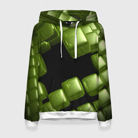 Женская толстовка 3D с принтом зеленый куб , 100% полиэстер  | двухслойный капюшон со шнурком для регулировки, мягкие манжеты на рукавах и по низу толстовки, спереди карман-кенгуру с мягким внутренним слоем. | 3d | абстракция | зеленый | илюзия | квадрат | куб