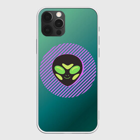 Чехол для iPhone 12 Pro Max с принтом Инопланетяша на зеленом фоне , Силикон |  | градиент | зеленый | инопланетянин | круг | лицо | наука | нло | подарок | полоски | пришелец | улыбка | фантастика | фиолетовый