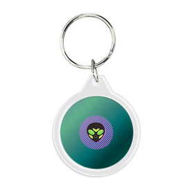 Брелок круглый с принтом Инопланетяша на зеленом фоне , пластик и полированная сталь | круглая форма, металлическое крепление в виде кольца | градиент | зеленый | инопланетянин | круг | лицо | наука | нло | подарок | полоски | пришелец | улыбка | фантастика | фиолетовый