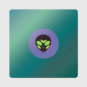 Магнит виниловый Квадрат с принтом Инопланетяша на зеленом фоне , полимерный материал с магнитным слоем | размер 9*9 см, закругленные углы | Тематика изображения на принте: градиент | зеленый | инопланетянин | круг | лицо | наука | нло | подарок | полоски | пришелец | улыбка | фантастика | фиолетовый