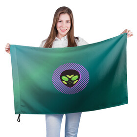 Флаг 3D с принтом Инопланетяша на зеленом фоне , 100% полиэстер | плотность ткани — 95 г/м2, размер — 67 х 109 см. Принт наносится с одной стороны | градиент | зеленый | инопланетянин | круг | лицо | наука | нло | подарок | полоски | пришелец | улыбка | фантастика | фиолетовый
