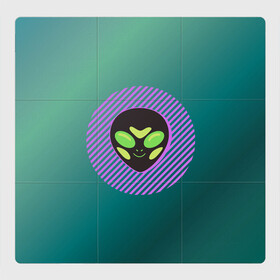 Магнитный плакат 3Х3 с принтом Инопланетяша на зеленом фоне , Полимерный материал с магнитным слоем | 9 деталей размером 9*9 см | градиент | зеленый | инопланетянин | круг | лицо | наука | нло | подарок | полоски | пришелец | улыбка | фантастика | фиолетовый