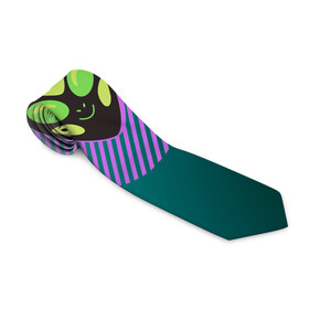 Галстук 3D с принтом Инопланетяша на зеленом фоне , 100% полиэстер | Длина 148 см; Плотность 150-180 г/м2 | градиент | зеленый | инопланетянин | круг | лицо | наука | нло | подарок | полоски | пришелец | улыбка | фантастика | фиолетовый