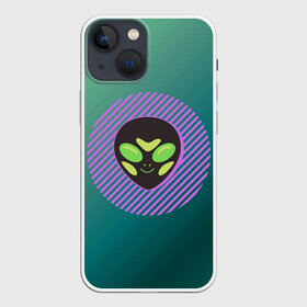 Чехол для iPhone 13 mini с принтом Инопланетяша на зеленом фоне ,  |  | градиент | зеленый | инопланетянин | круг | лицо | наука | нло | подарок | полоски | пришелец | улыбка | фантастика | фиолетовый