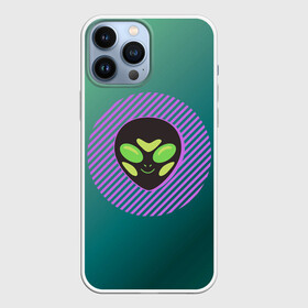 Чехол для iPhone 13 Pro Max с принтом Инопланетяша на зеленом фоне ,  |  | градиент | зеленый | инопланетянин | круг | лицо | наука | нло | подарок | полоски | пришелец | улыбка | фантастика | фиолетовый