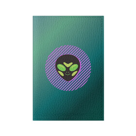 Обложка для паспорта матовая кожа с принтом Инопланетяша на зеленом фоне , натуральная матовая кожа | размер 19,3 х 13,7 см; прозрачные пластиковые крепления | Тематика изображения на принте: градиент | зеленый | инопланетянин | круг | лицо | наука | нло | подарок | полоски | пришелец | улыбка | фантастика | фиолетовый