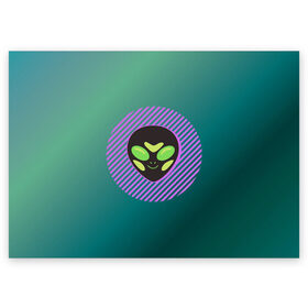 Поздравительная открытка с принтом Инопланетяша на зеленом фоне , 100% бумага | плотность бумаги 280 г/м2, матовая, на обратной стороне линовка и место для марки
 | градиент | зеленый | инопланетянин | круг | лицо | наука | нло | подарок | полоски | пришелец | улыбка | фантастика | фиолетовый
