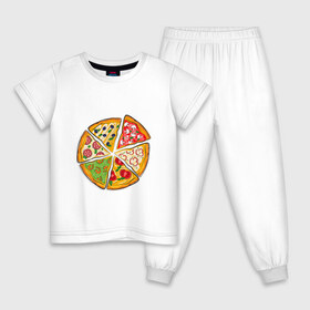 Детская пижама хлопок с принтом Пицца ассорти , 100% хлопок |  брюки и футболка прямого кроя, без карманов, на брюках мягкая резинка на поясе и по низу штанин
 | грибы | колбаса | креветки | кусочки пиццы | оливки | пицца | пиццерия | помидоры