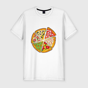 Мужская футболка хлопок Slim с принтом Пицца ассорти , 92% хлопок, 8% лайкра | приталенный силуэт, круглый вырез ворота, длина до линии бедра, короткий рукав | Тематика изображения на принте: грибы | колбаса | креветки | кусочки пиццы | оливки | пицца | пиццерия | помидоры
