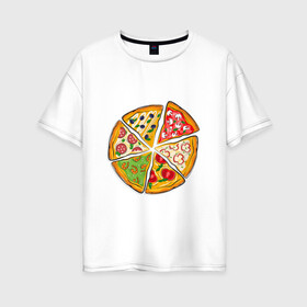 Женская футболка хлопок Oversize с принтом Пицца ассорти , 100% хлопок | свободный крой, круглый ворот, спущенный рукав, длина до линии бедер
 | грибы | колбаса | креветки | кусочки пиццы | оливки | пицца | пиццерия | помидоры