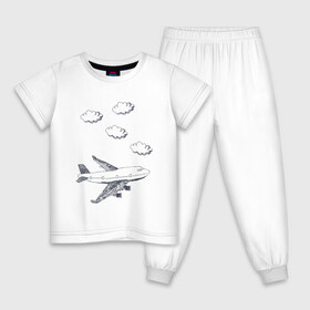 Детская пижама хлопок с принтом Самолет в облаках , 100% хлопок |  брюки и футболка прямого кроя, без карманов, на брюках мягкая резинка на поясе и по низу штанин
 | Тематика изображения на принте: air | airplane | авиа | авиакомпания | авиаперевозки | летает | облака | облачка | самолет | самолетик