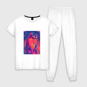 Женская пижама хлопок с принтом NEON ART , 100% хлопок | брюки и футболка прямого кроя, без карманов, на брюках мягкая резинка на поясе и по низу штанин | art | neon aesthetic | neon art | vaporwave art | цифровые файлы