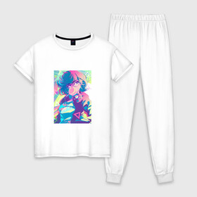 Женская пижама хлопок с принтом NEON ART 11-21-12 , 100% хлопок | брюки и футболка прямого кроя, без карманов, на брюках мягкая резинка на поясе и по низу штанин | art | neon aesthetic | neon art | vaporwave art | цифровые файлы