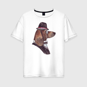 Женская футболка хлопок Oversize с принтом Такса в пенсне и шляпе , 100% хлопок | свободный крой, круглый ворот, спущенный рукав, длина до линии бедер
 | аристократ | портрет собаки | собака джентельмен