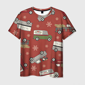 Мужская футболка 3D с принтом Рождественские машины , 100% полиэфир | прямой крой, круглый вырез горловины, длина до линии бедер | 