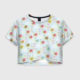 Женская футболка Crop-top 3D с принтом Улитки , 100% полиэстер | круглая горловина, длина футболки до линии талии, рукава с отворотами | арт | рисунок | синий | улитка | улитки | цветная улитка | цветные улитки | цветок | цветы
